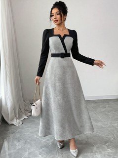 Full length front view of the gray contrast-panel square-neck long-sleeve maxi dress, showing the silhouette and fit.