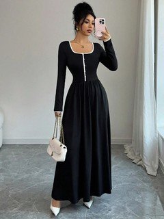Front view of the black contrast-piping square-neck long-sleeve maxi dress, showing the silhouette and fit.