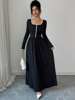 Full length front view of the black contrast-piping square-neck long-sleeve maxi dress, showing the silhouette and fit.