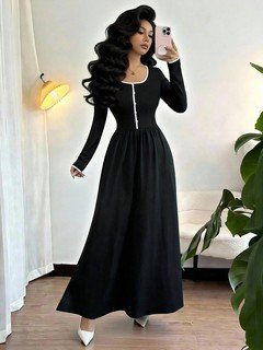 Lifestyle full length view of the black contrast-piping square-neck long-sleeve maxi dress, showing the silhouette and fit.