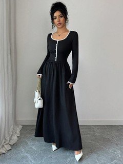 Styled front view of the black contrast-piping square-neck long-sleeve maxi dress, showing the silhouette and fit.