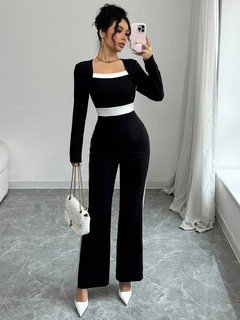 Front view of the black contrast-trim square-neck long-sleeve jumpsuit, showing the silhouette and fit.
