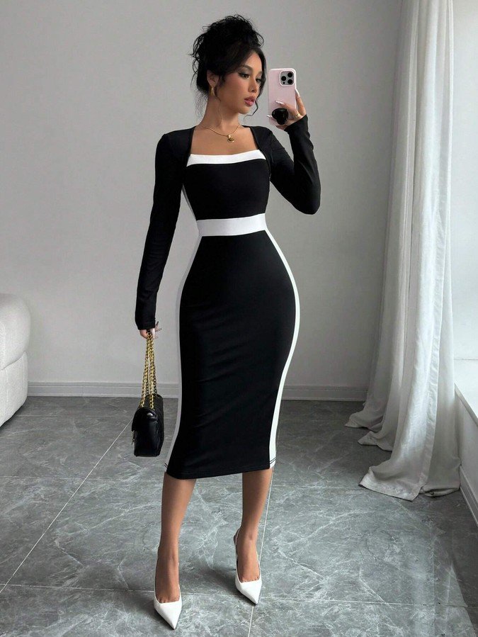 Front view of the black contrast-waist square-neck long-sleeve bodycon midi dress, showing the silhouette and fit.