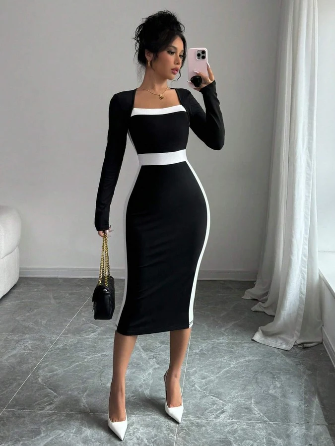 Front view of the black contrast-waist square-neck long-sleeve bodycon midi dress, showing the silhouette and fit.