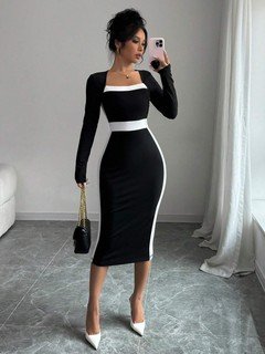 Front view of the black contrast-waist square-neck long-sleeve bodycon midi dress, showing the silhouette and fit.