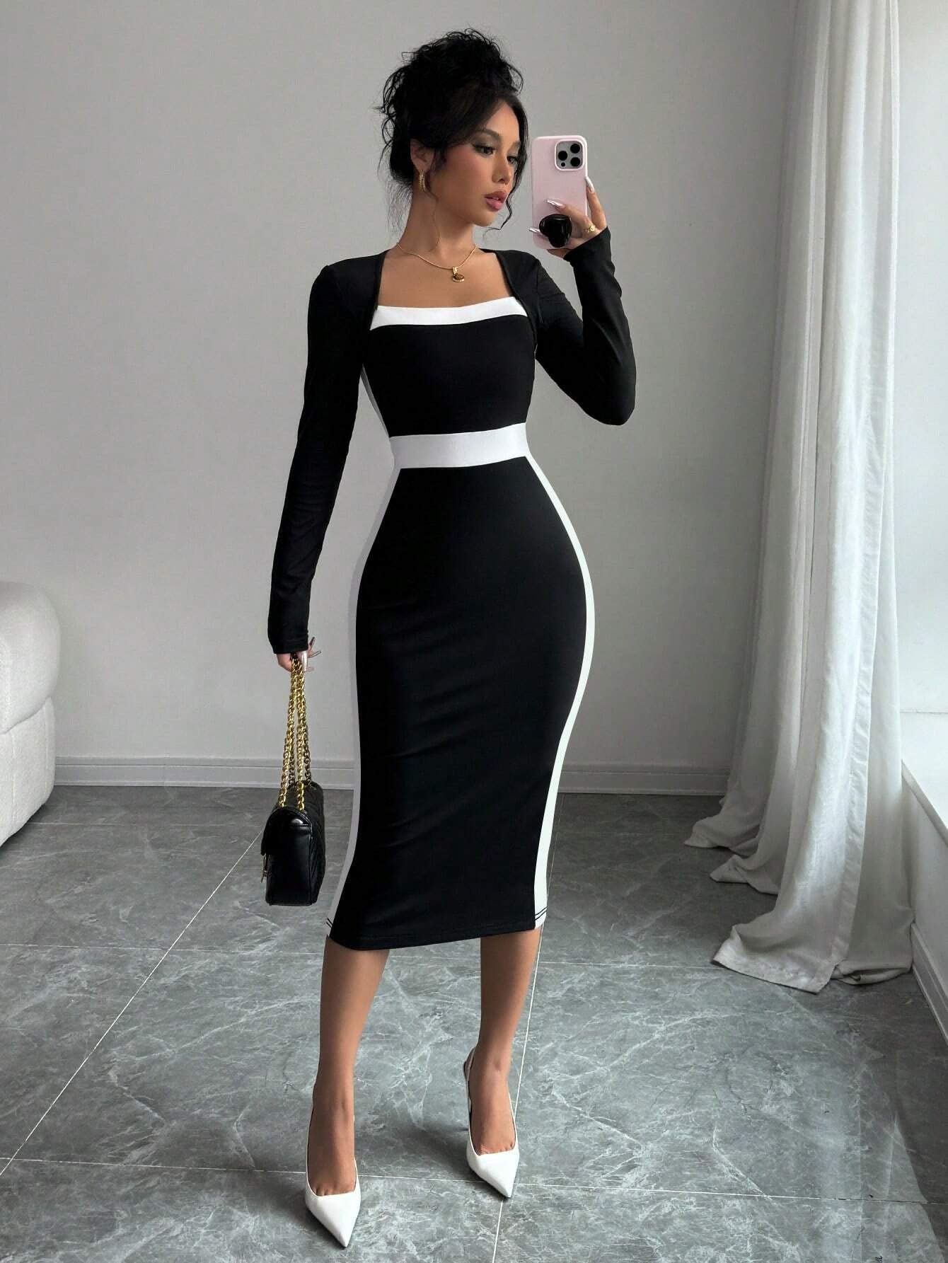 Black Contrast-Waist Square-Neck Long-Sleeve Bodycon Midi Dress – Front View Front view of the black contrast-waist square-neck long-sleeve bodycon midi dress, showing the silhouette and fit.