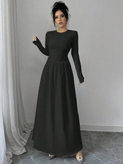 Full-length front view of the black long-sleeve fit-and-flare maxi dress, showing its silhouette and design details.