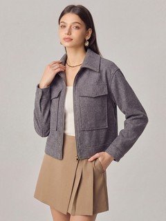 Full-length front view of the gray cropped flap-pocket jacket, showing its silhouette and design details.