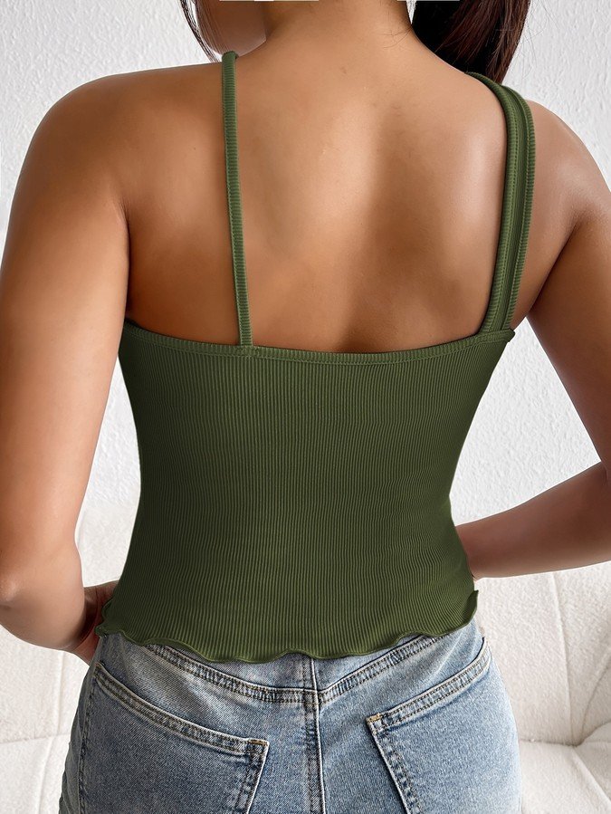Back view of the olive cross-halter cutout fitted sleeveless top, showing the silhouette and fit.