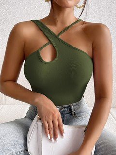 Angled front view of the olive cross-halter cutout fitted sleeveless top, showing the silhouette and fit.