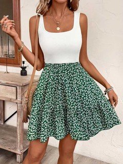 Front view of the green ditsy floral square-neck sleeveless a-line mini dress, showing the silhouette and fit.