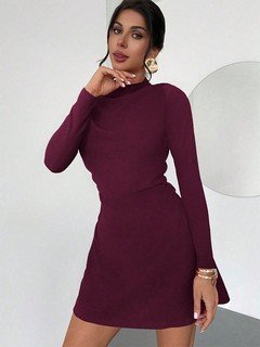Front view of the burgundy draped mock-neck a-line dress, showing its silhouette and design details.