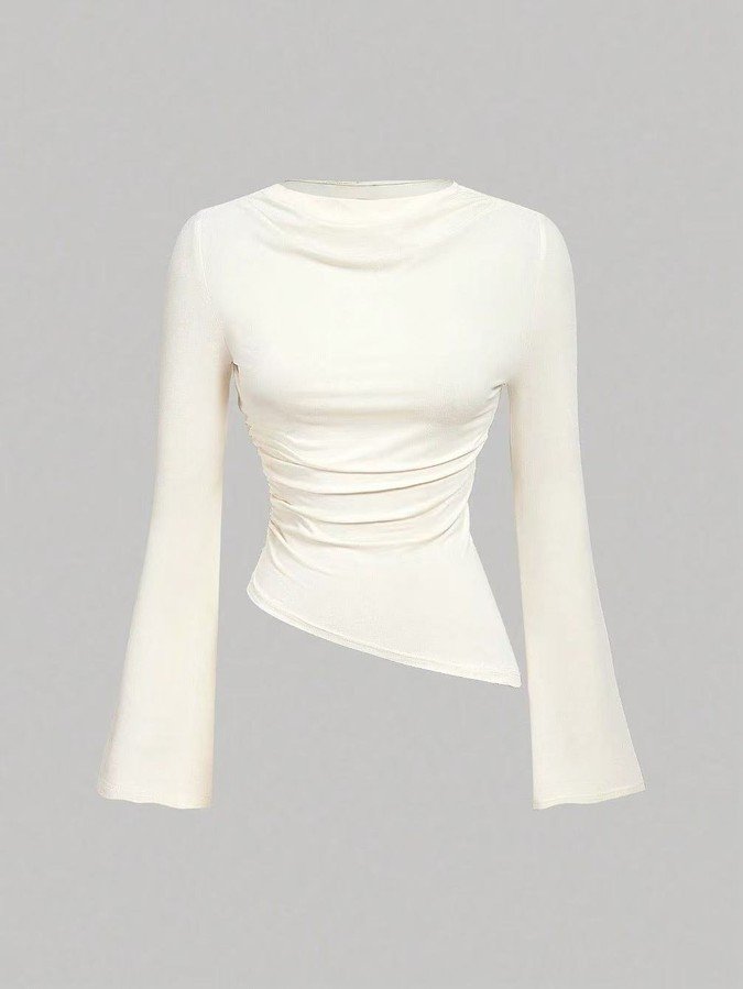 Garment front view of the ivory draped ruched asymmetric flared-sleeve top, showing the silhouette and fit.