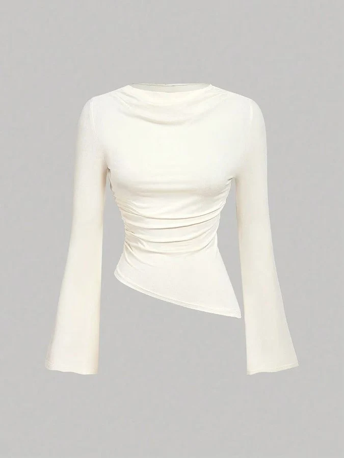 Garment front view of the ivory draped ruched asymmetric flared-sleeve top, showing the silhouette and fit.