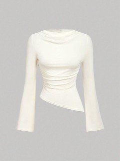 Garment front view of the ivory draped ruched asymmetric flared-sleeve top, showing the silhouette and fit.