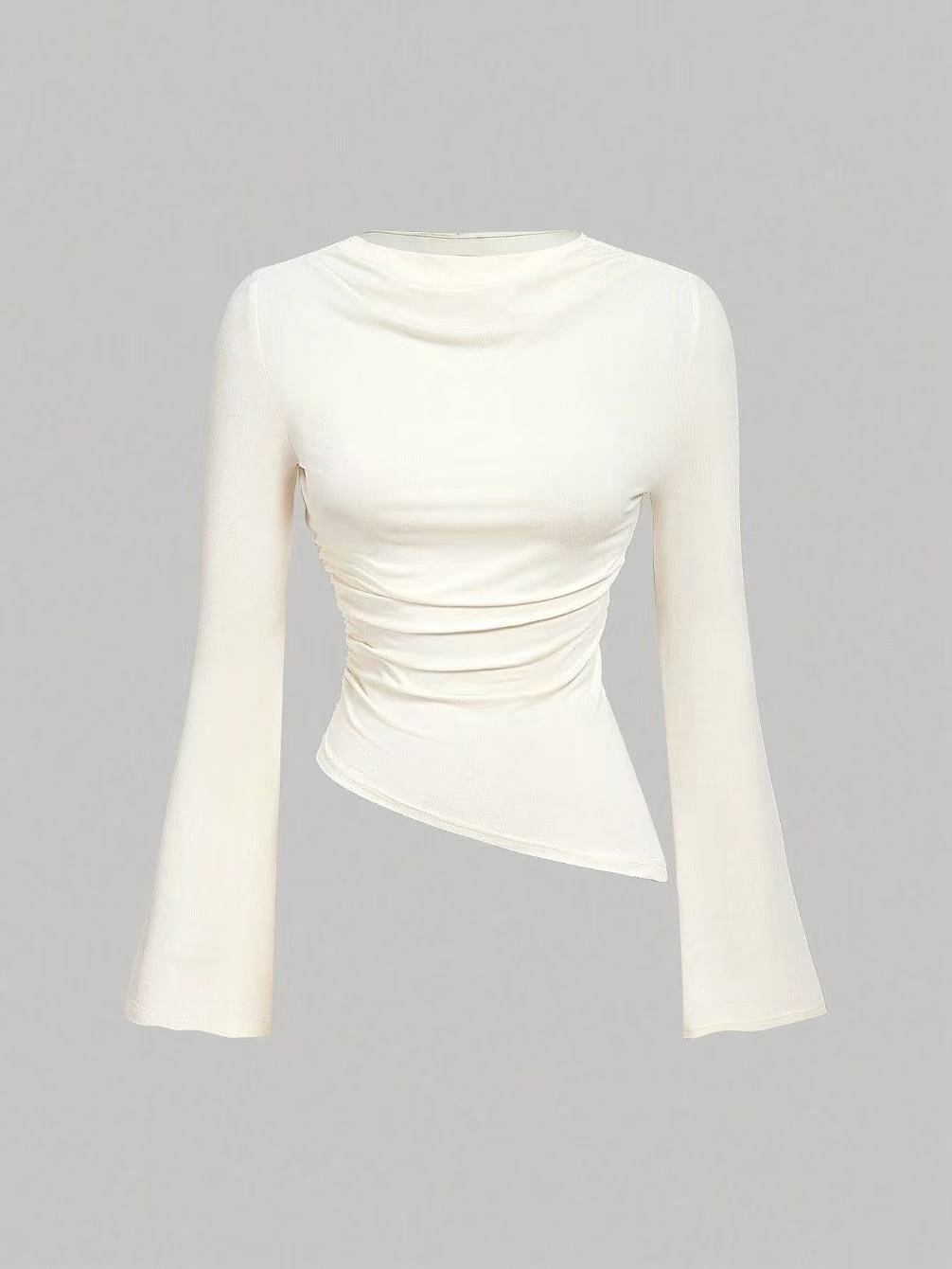 Ivory Draped Ruched Asymmetric Flared-Sleeve Top – Garment Front View Garment front view of the ivory draped ruched asymmetric flared-sleeve top, showing the silhouette and fit.