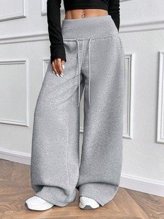 Full length front view of the gray drawstring-waist wide-leg sweatpants, showing the silhouette and fit.