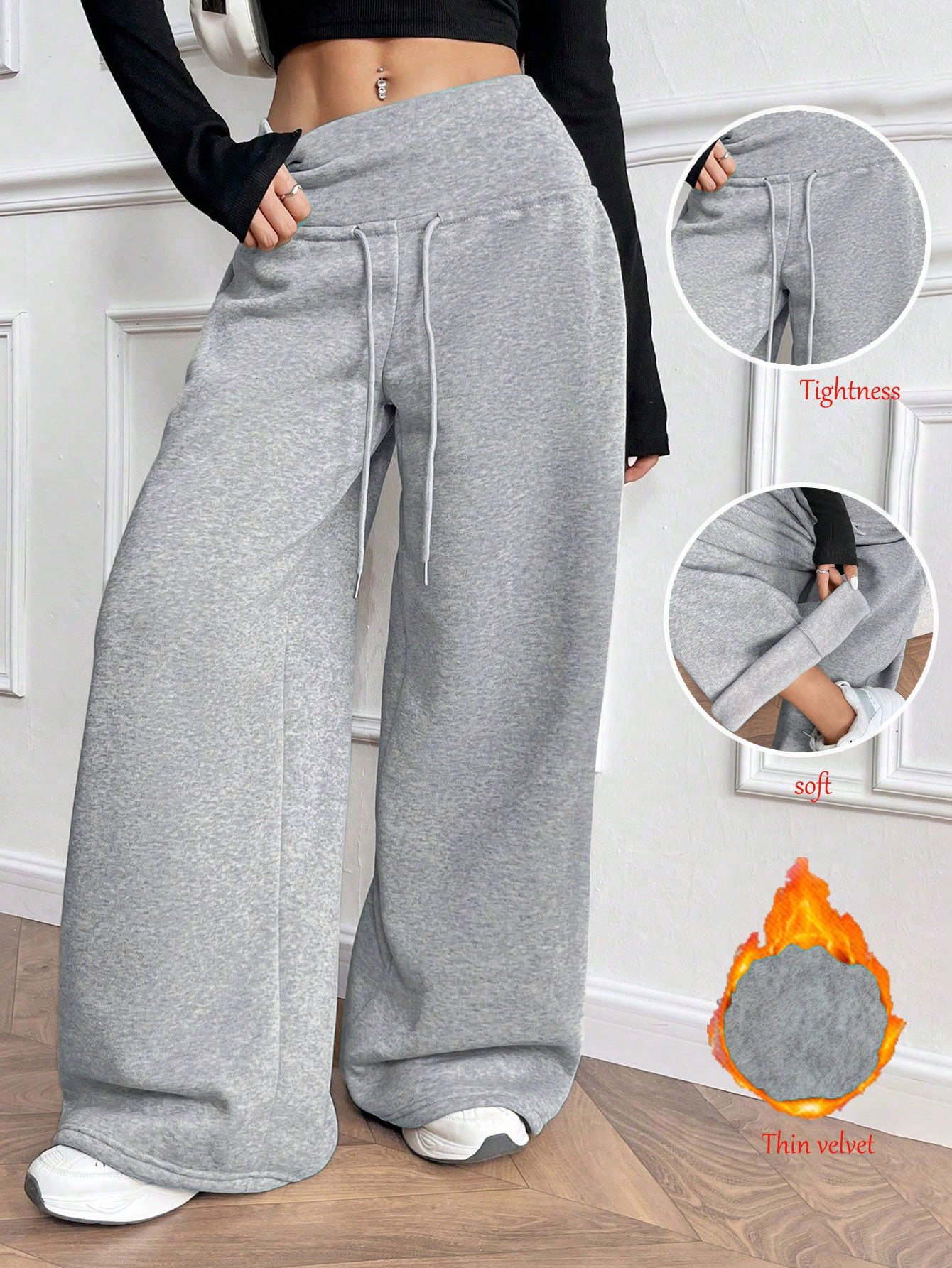 Gray Drawstring-Waist Wide-Leg Sweatpants – Front Detail View Front detail view of the gray drawstring-waist wide-leg sweatpants, showing elastic drawstring waist and relaxed wide legs.