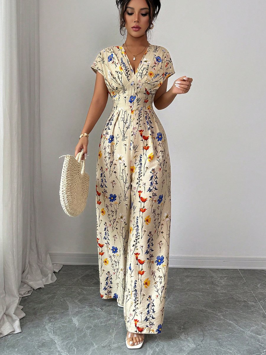 Cream Floral Wrap-Front Jumpsuit – Front View Front view of the cream floral wrap-front jumpsuit, showing its silhouette and design details.