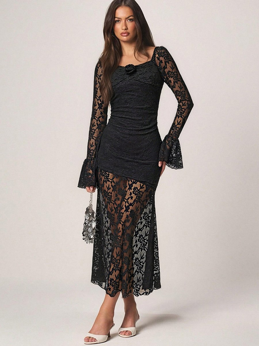 Front view of the black floral lace long-sleeve maxi dress, showing its silhouette and design details.