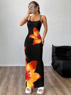 Full-length front view of the black and orange floral bodycon maxi slip dress, showing its silhouette and design details.