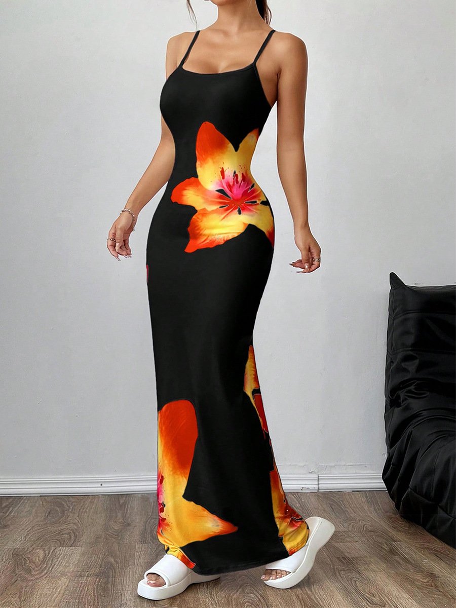 Black And Orange Floral Bodycon Maxi Slip Dress – Front View Front view of the black and orange floral bodycon maxi slip dress, showing its silhouette and design details.
