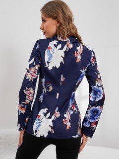 Back view of the navy floral-print single-button tailored blazer, showing the silhouette and fit.