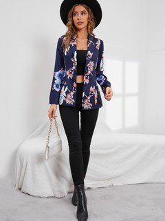 Full length front view of the navy floral-print single-button tailored blazer, showing the silhouette and fit.