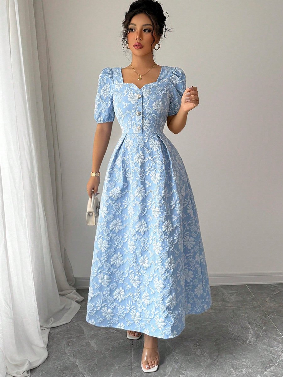 Blue Floral Puff-Sleeve A-Line Dress – Front View Front view of the blue floral puff-sleeve a-line dress, showing its silhouette and design details.