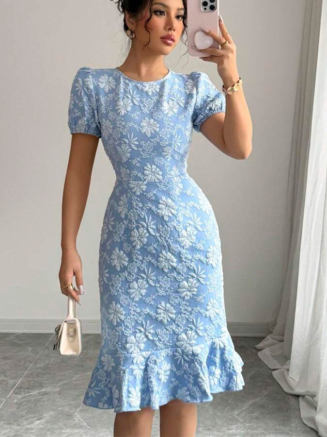 Front view of the blue floral textured fishtail dress, showing its silhouette and design details.