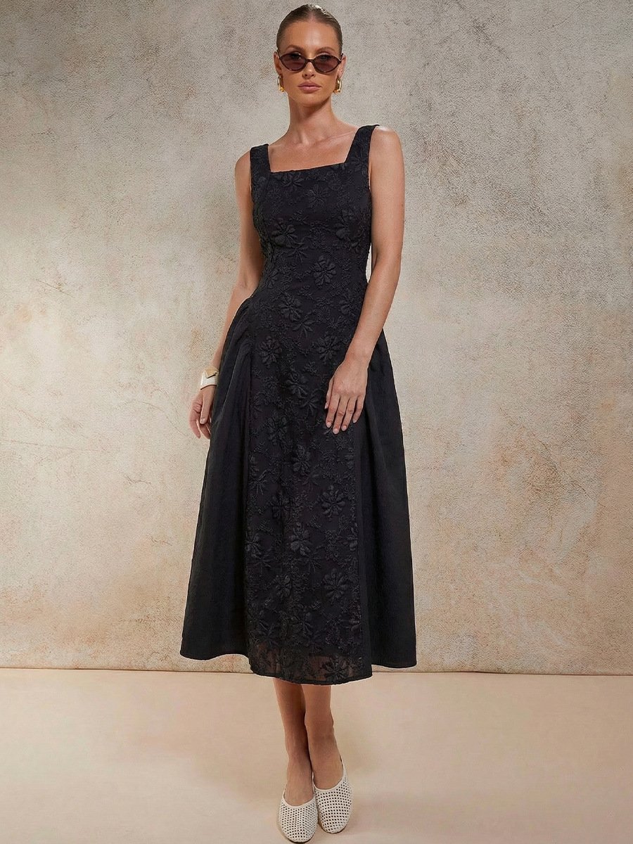 Black Floral Textured Square-Neck Dress – Front View Front view of the black floral textured square-neck dress, showing its silhouette and design details.