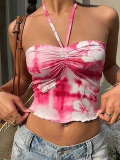 Full-length front view of the pink hibiscus ruched halter crop top, showing its silhouette and design details.