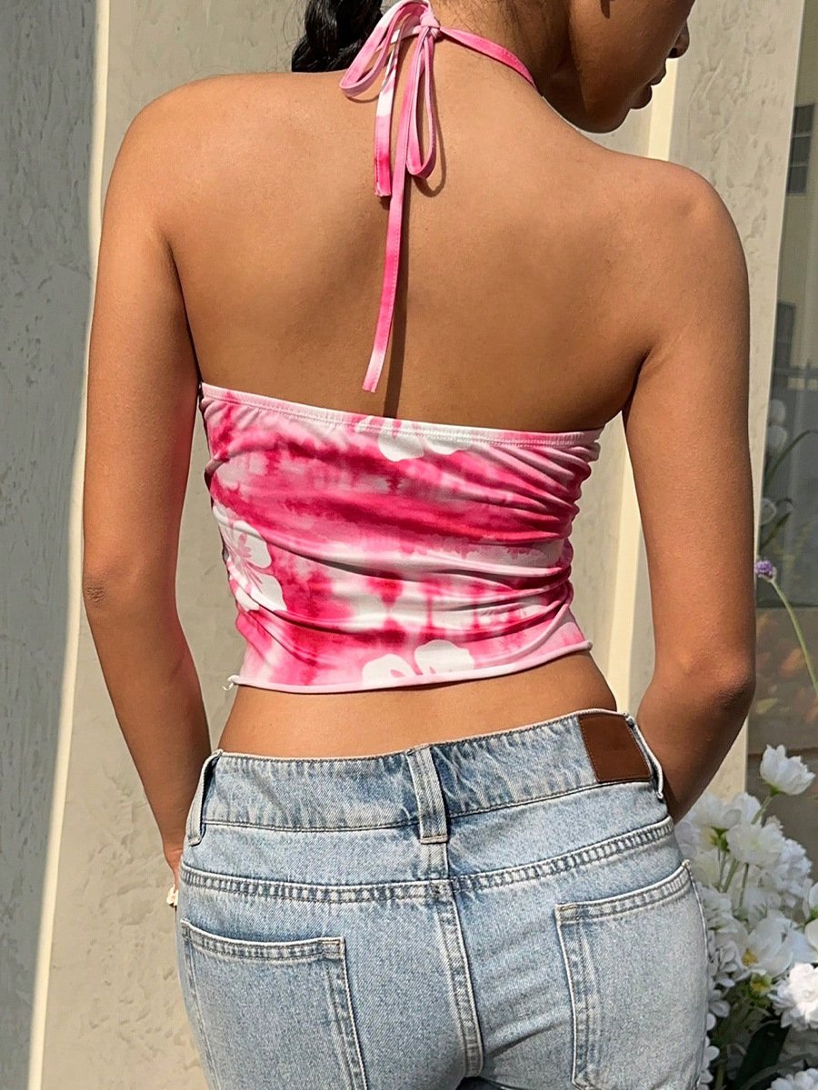 Pink Hibiscus Ruched Halter Crop Top – Back View Back view of the pink hibiscus ruched halter crop top, showing its silhouette and design details.