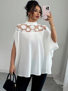 Full-length front view of the white circle lace yoke cape blouse, showing its silhouette and design details.