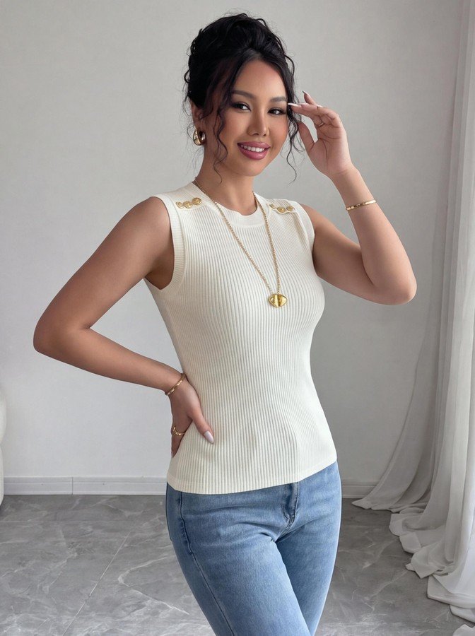 Angled front view of the ivory high-neck sleeveless fitted knit tank top, showing the silhouette and fit.