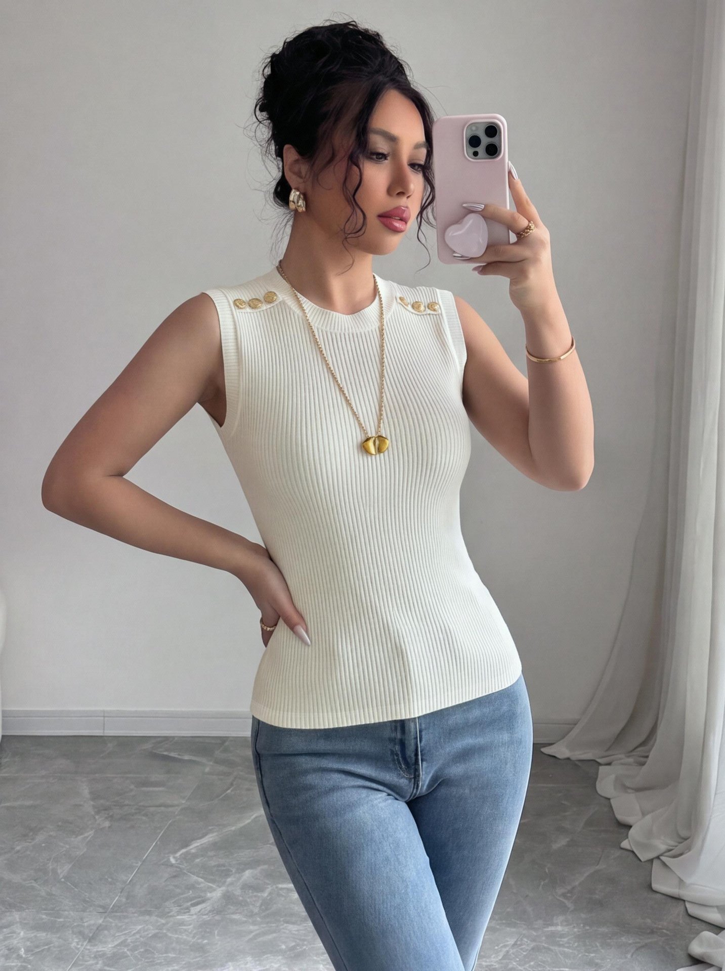 Ivory High-Neck Sleeveless Fitted Knit Tank Top – Front View Front view of the ivory high-neck sleeveless fitted knit tank top, showing the silhouette and fit.