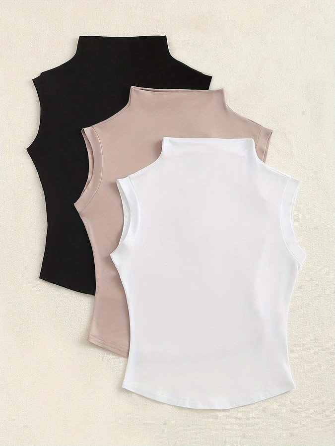 Alternate flat lay of the assorted colors high-neck sleeveless fitted tank top, showing the garment shape and available styling.