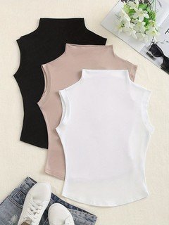 Assorted flat lay of the assorted colors high-neck sleeveless fitted tank top, showing the garment shape and available styling.