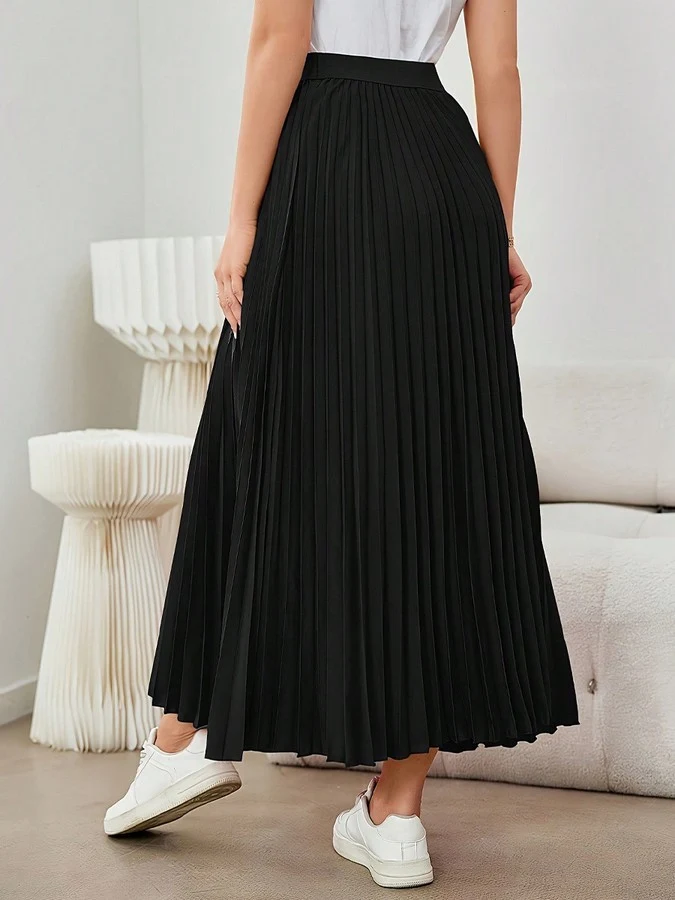 Back view of the black accordion-pleated maxi skirt, showing its silhouette and design details.