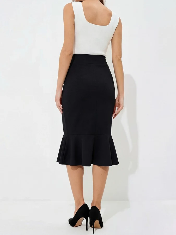 Back view of the black high-waisted fishtail midi skirt, showing its silhouette and design details.