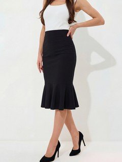 Styled front view of the black high-waisted fishtail midi skirt, showing its silhouette and design details.