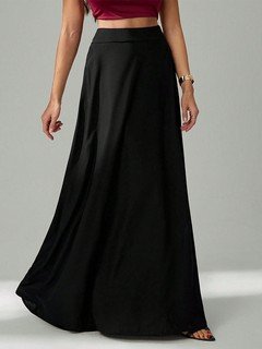 Front view of the black pleated a-line maxi skirt, showing its silhouette and design details.
