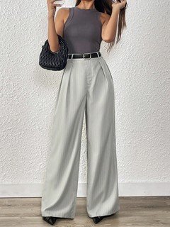 Front view of the light gray pleated wide-leg tailored pants, showing its silhouette and design details.