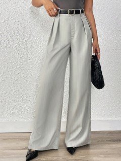 Full-length front view of the light gray pleated wide-leg tailored pants, showing its silhouette and design details.