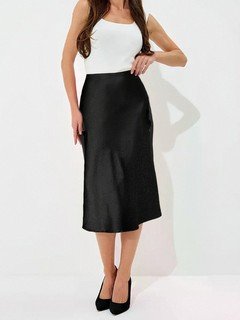 Front view of the black satin a-line midi slip skirt, showing its silhouette and design details.