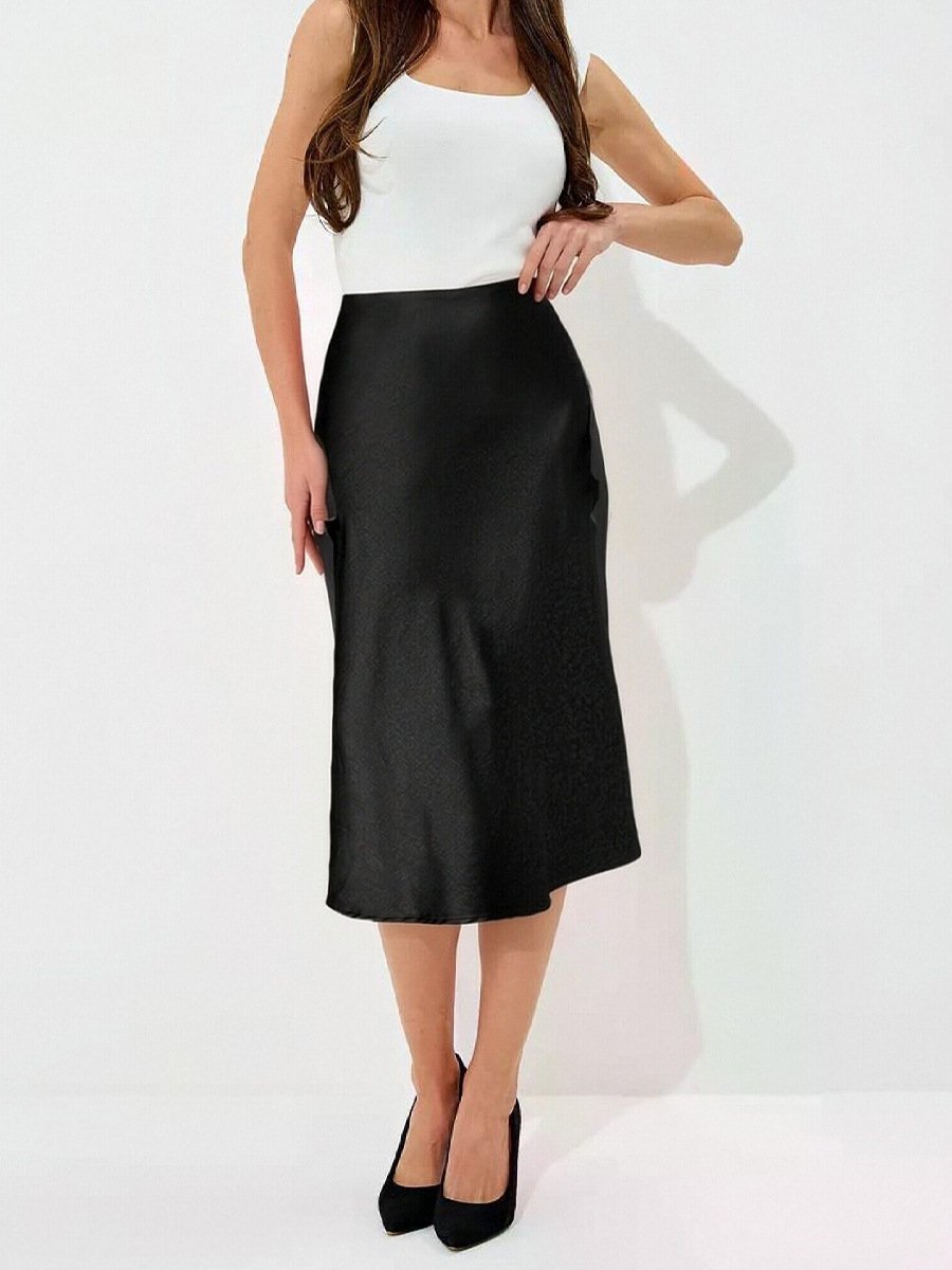 Front view of the black satin a-line midi slip skirt, showing its silhouette and design details.