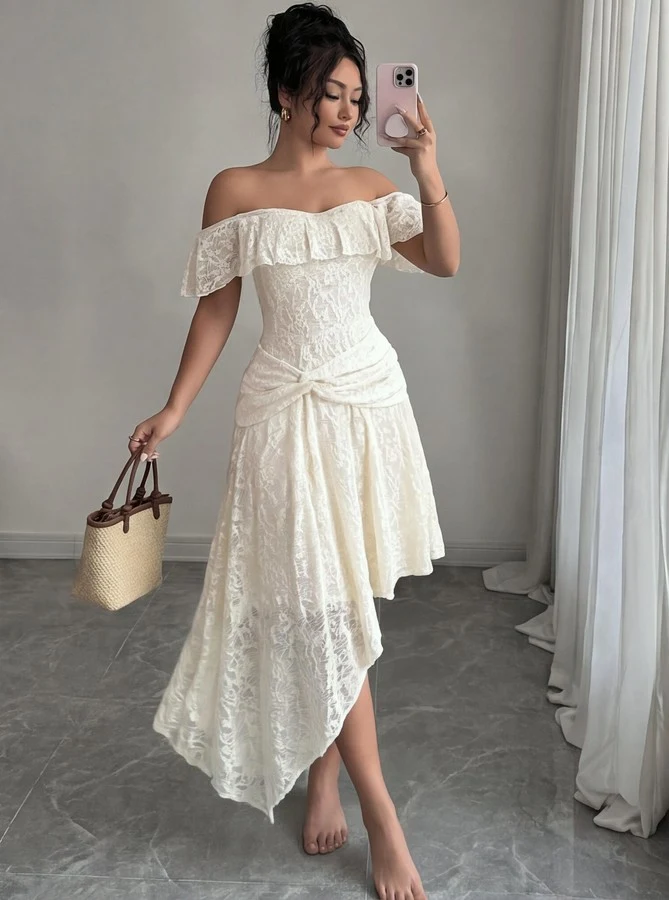 Front view of the white lace off-shoulder asymmetric midi dress, showing the silhouette and fit.