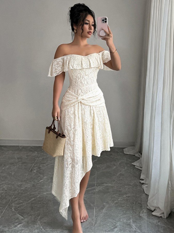 Full length front view of the white lace off-shoulder asymmetric midi dress, showing the silhouette and fit.