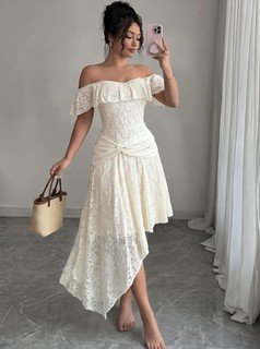 Front view of the white lace off-shoulder asymmetric midi dress, showing the silhouette and fit.