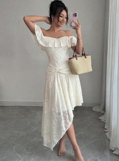 Styled front view of the white lace off-shoulder asymmetric midi dress, showing the silhouette and fit.